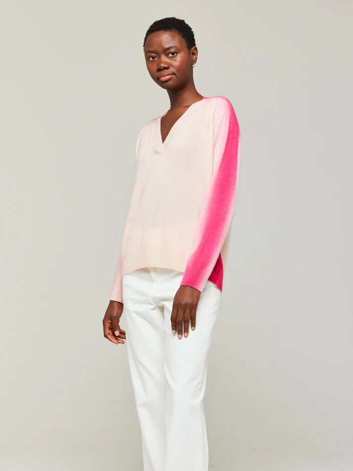 Brodie Knitwear | Spray Stripe V Neck Sweater | Cherry Blossom