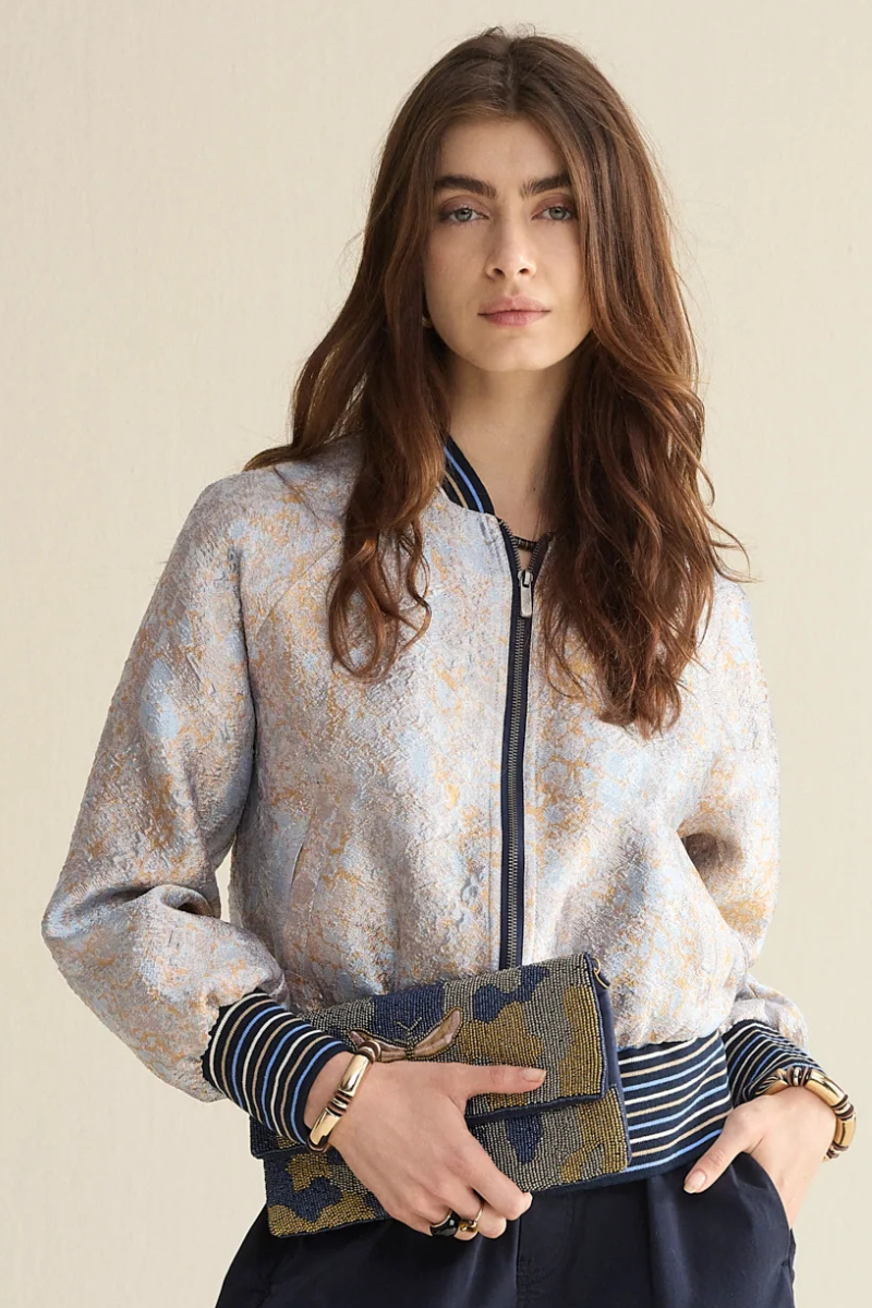 Summum | Soft Jacquard Ribbed Hem Jacket | Blue/Gold