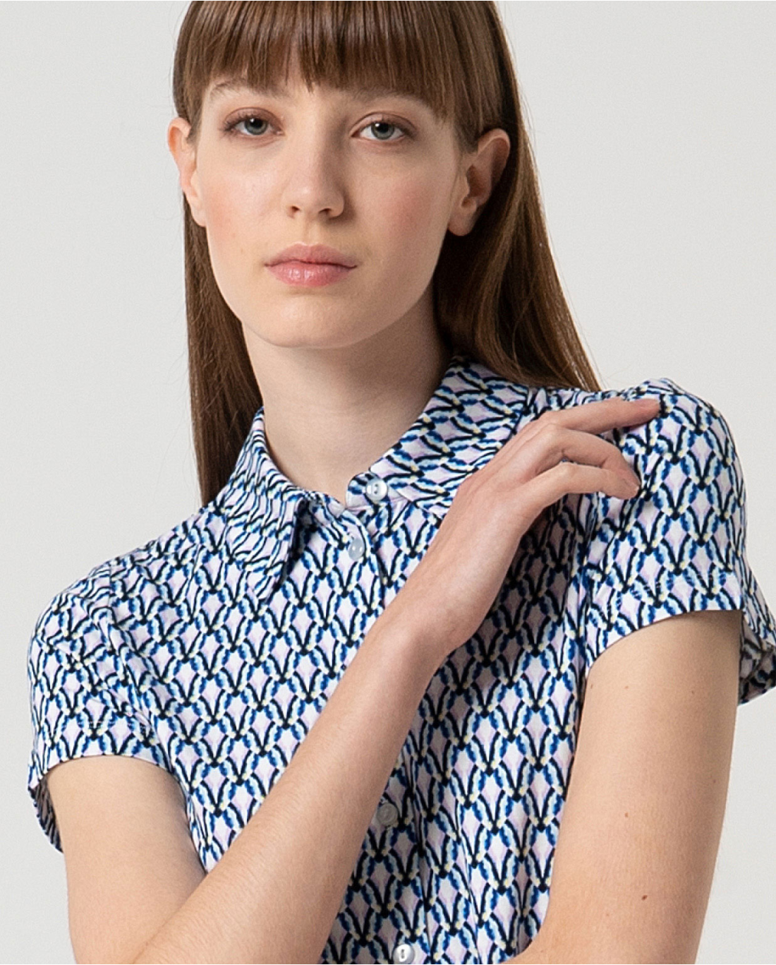 Surkana | Stretch Collared Button Through Top | Blue Multi