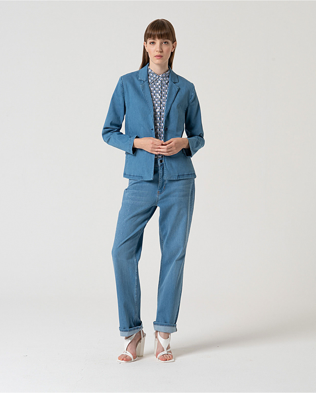 Surkana | Stretch Collared Button Through Top | Blue Multi