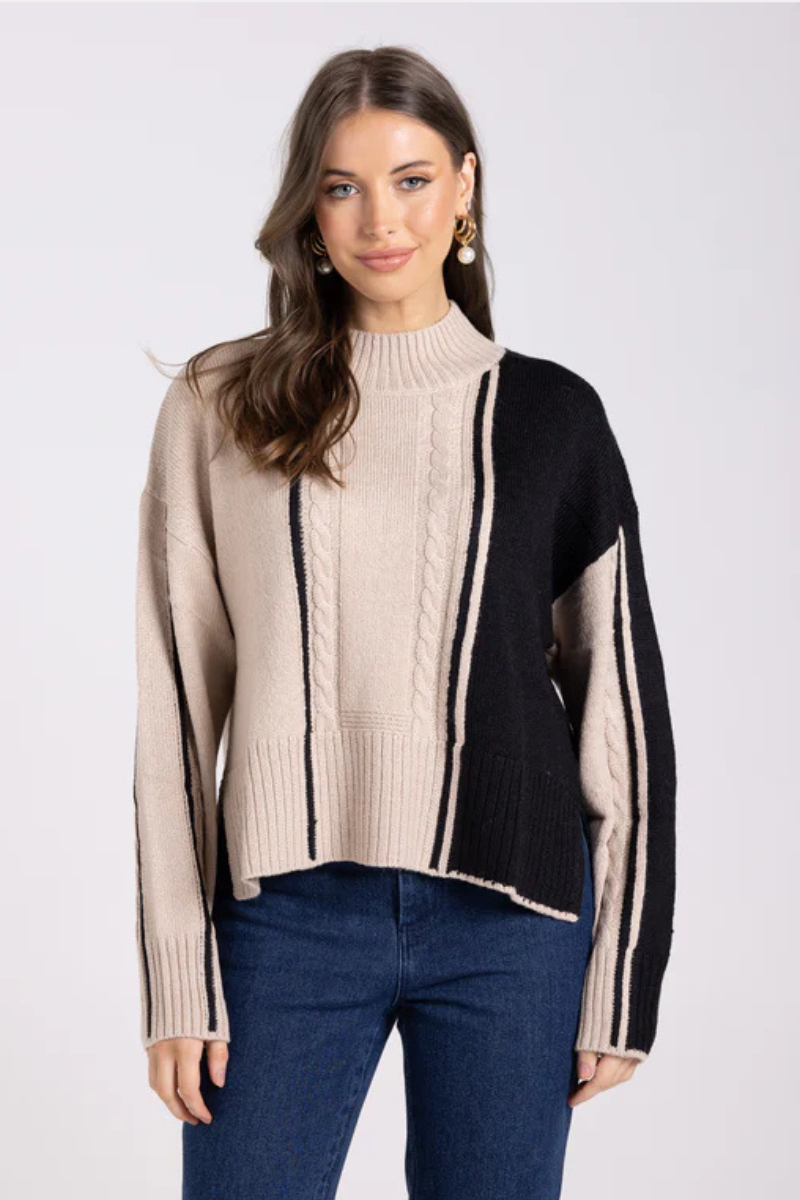 Two T's | Cable Mock Neck | Almond/Black