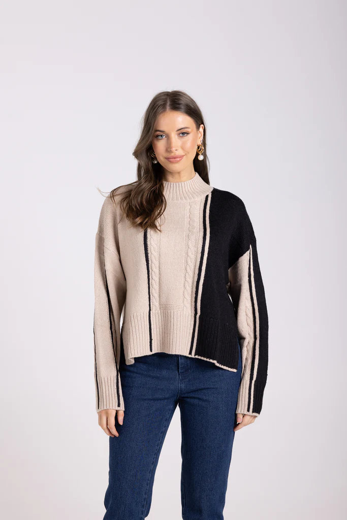 Two T's | Cable Mock Neck | Almond/Black