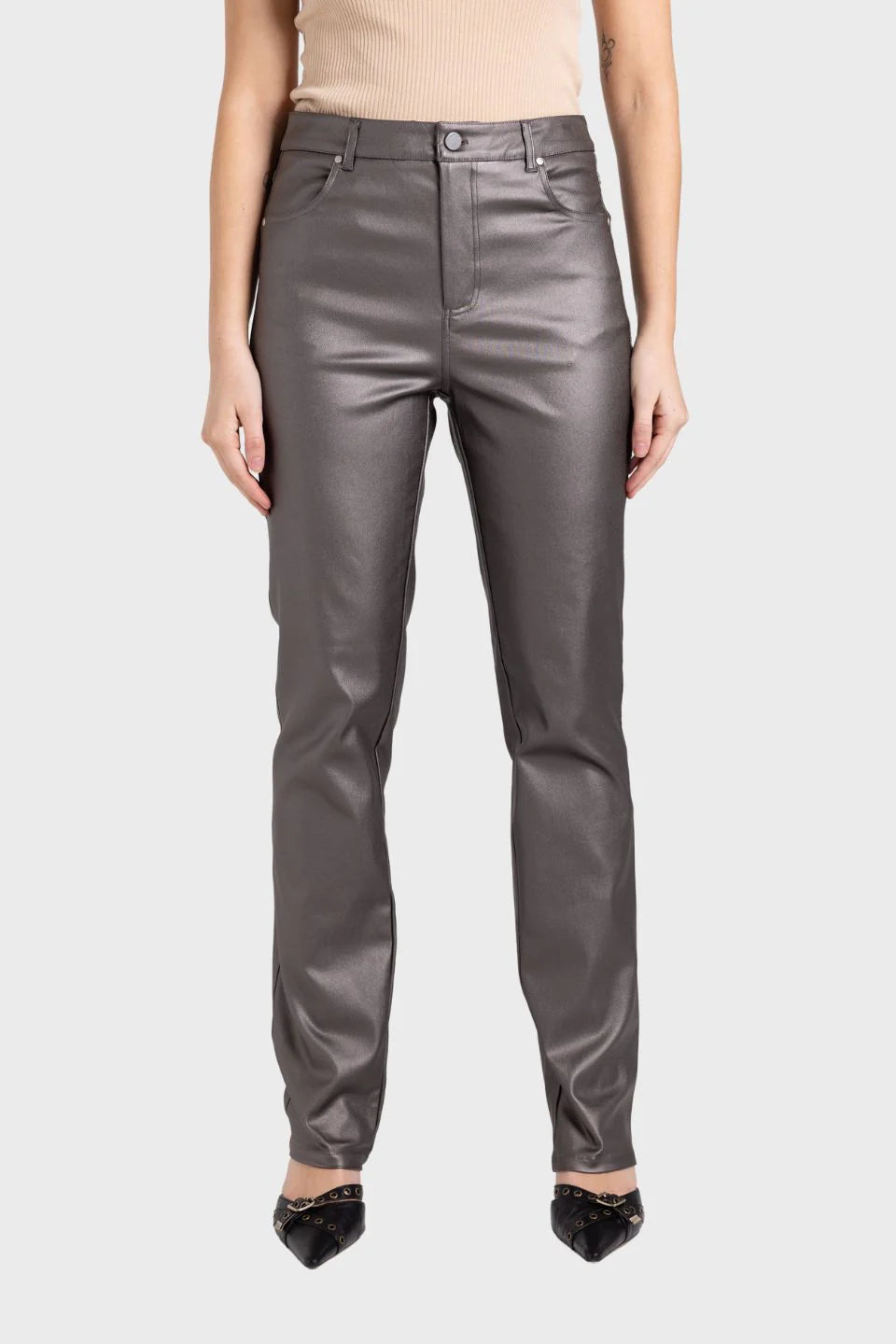 Two T's | Coated Metallic Stretch Jean | Espresso