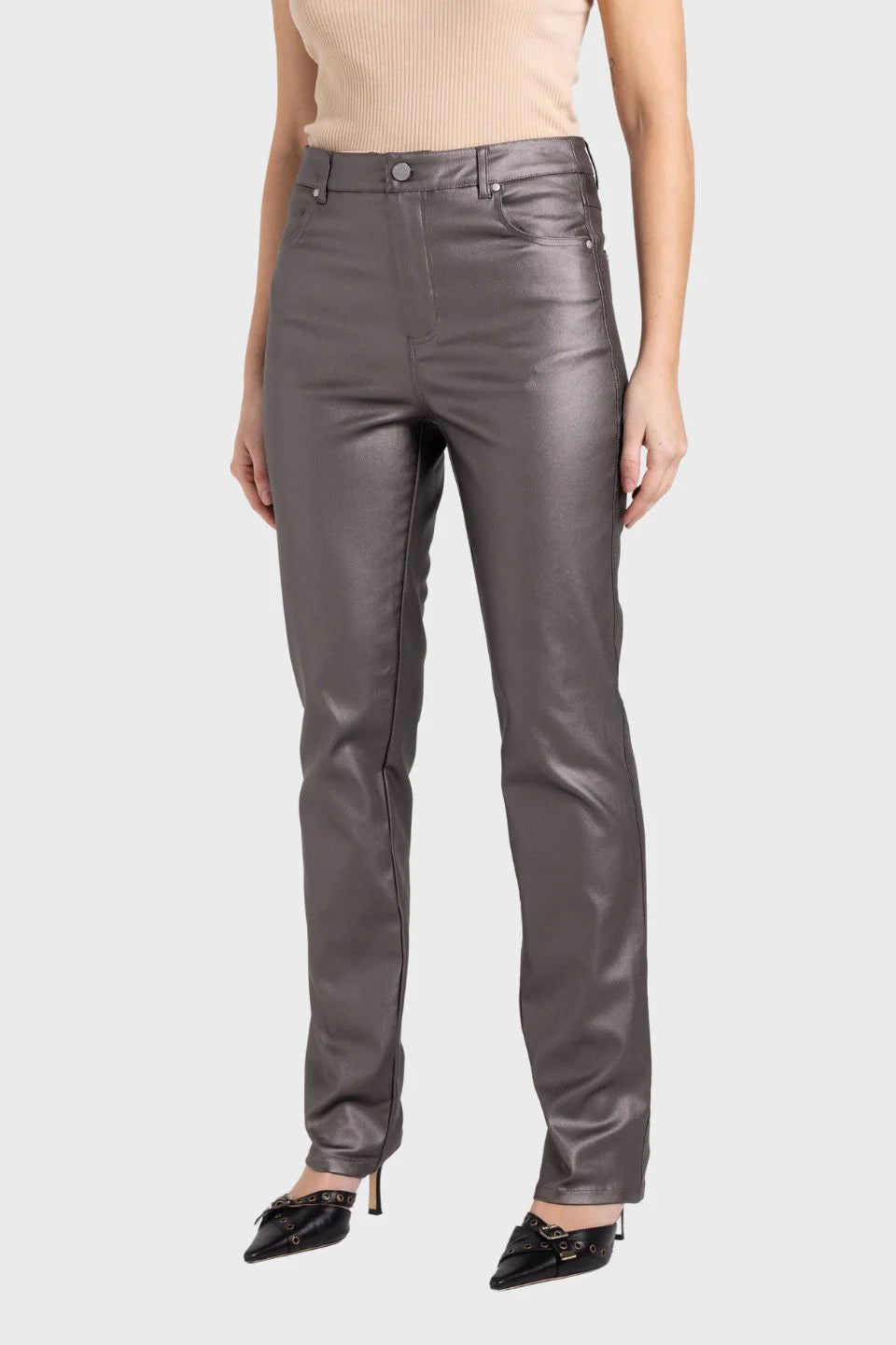 Two T's | Coated Metallic Stretch Jean | Espresso