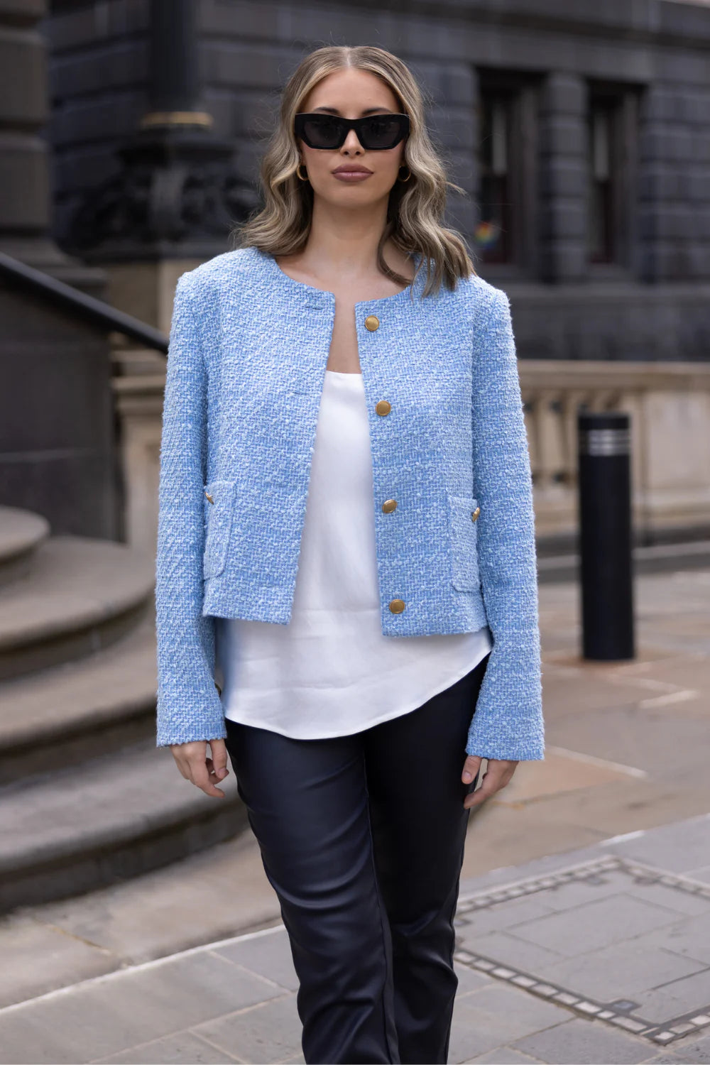 Two T's | Crop Boucle Jacket | Powder Blue