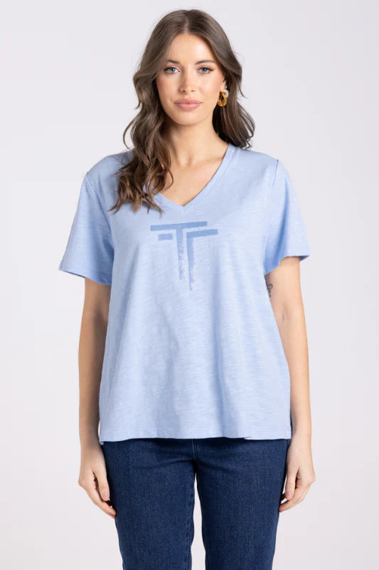 Two T's | V Neck DTM Sequin T-Shirt | Powder Blue
