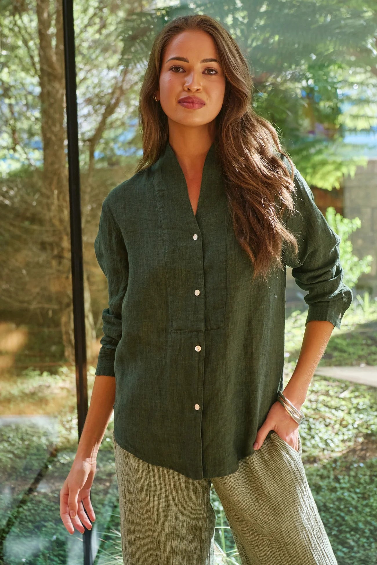 Naturals I V Neck Button Through Shirt I Myrtle