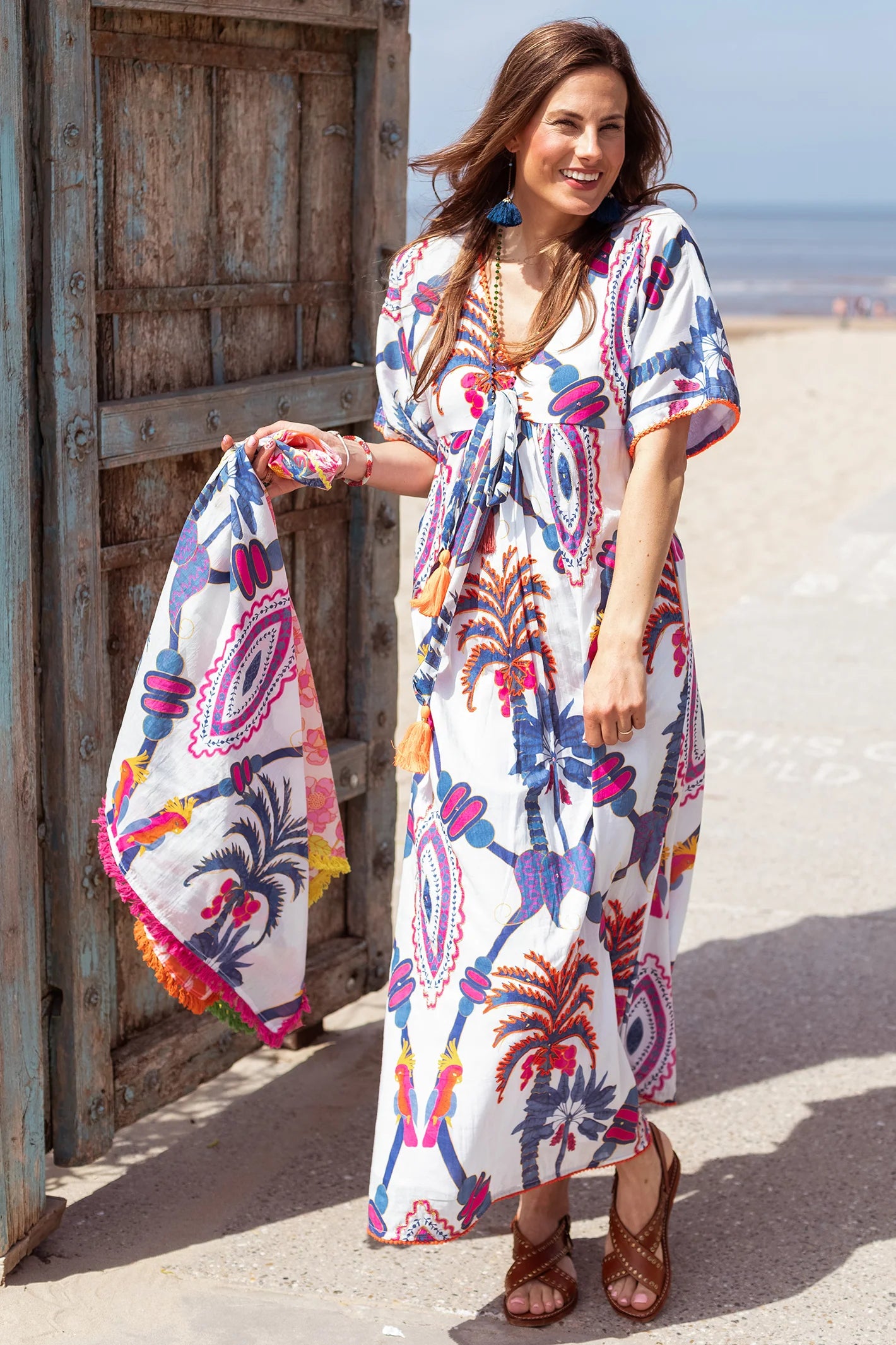 Place du Soleil | Rosa Blue Bird and Orange Tree Dress | White/Multi