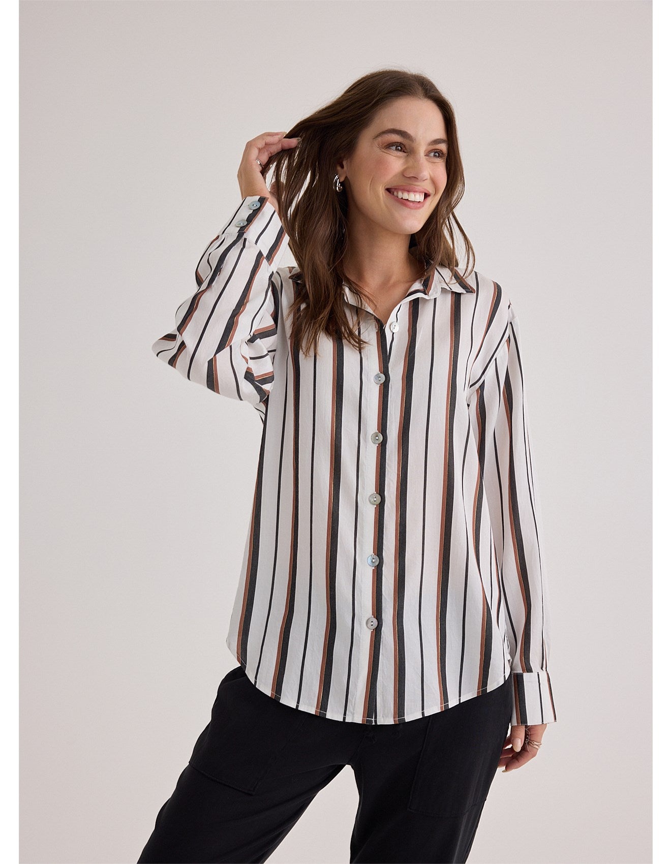 Bella Dahl I Boyfriend Button Down  Stripe Shirt with Gold Lurex Thread