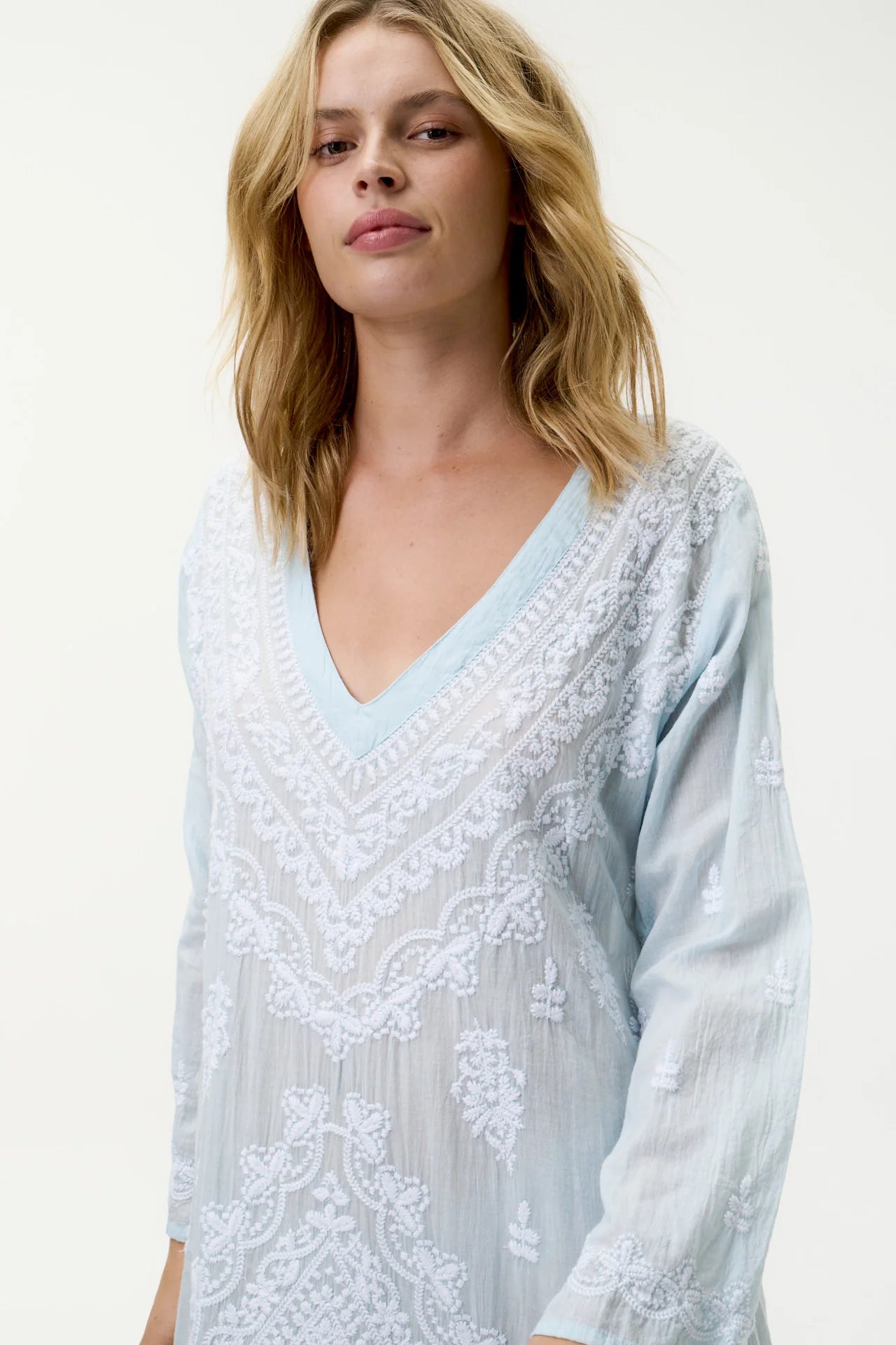 One Season | Long Goa Embroidered Dress | Pale Blue/White