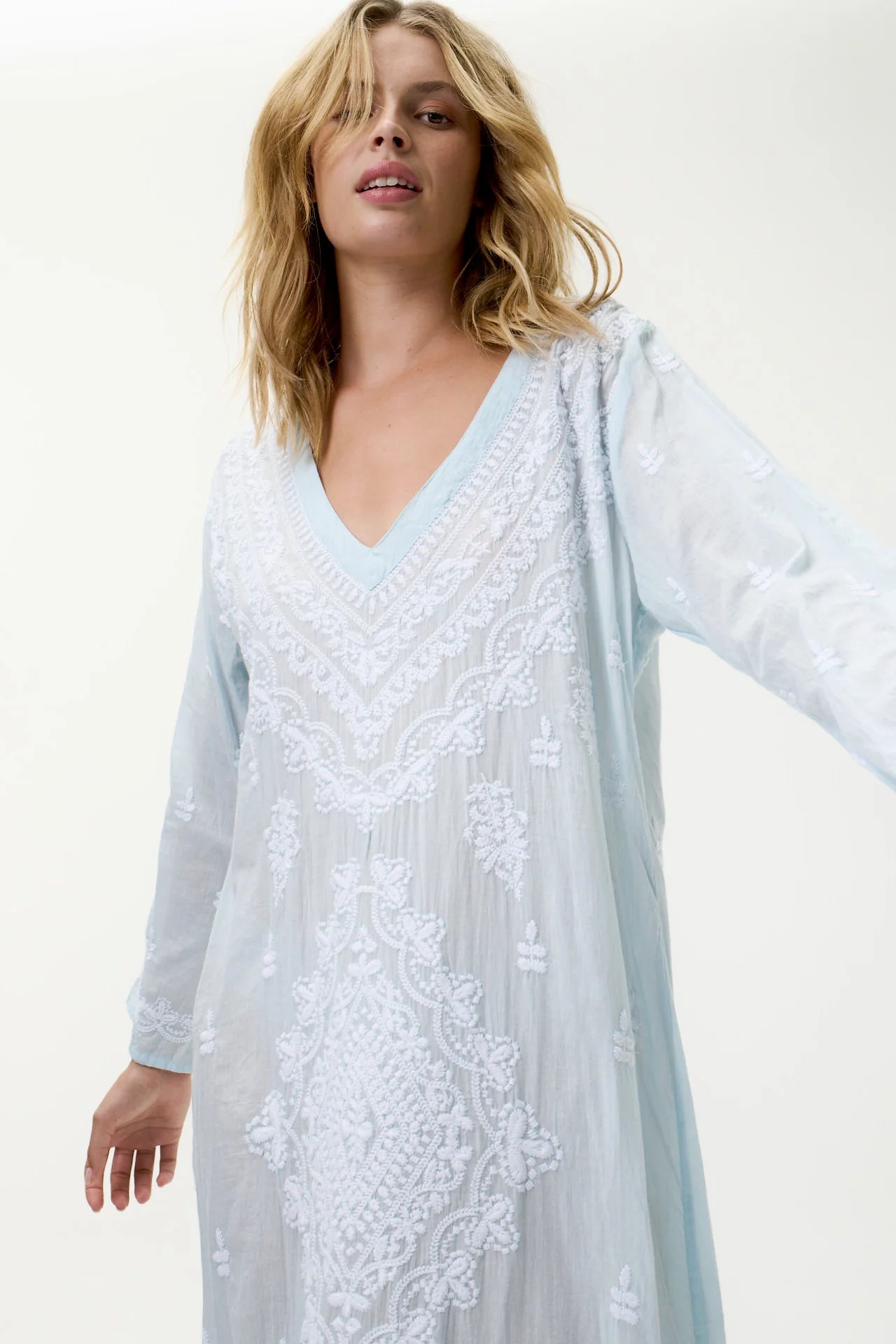 One Season | Long Goa Embroidered Dress | Pale Blue/White