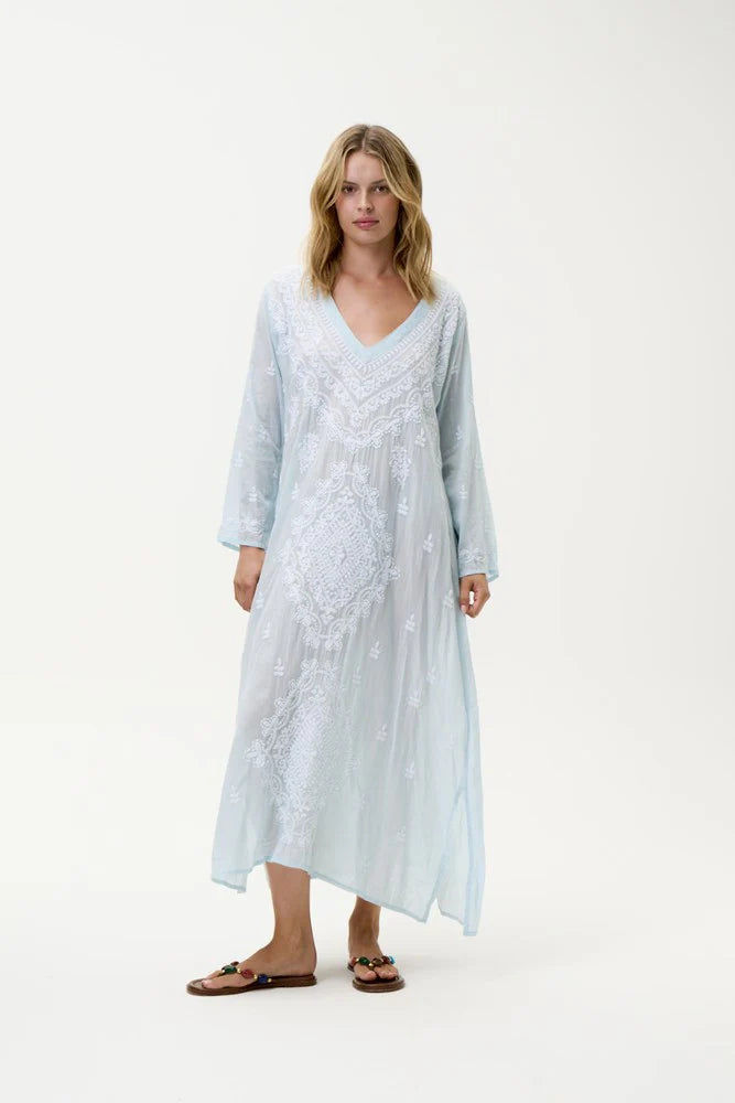 One Season | Long Goa Embroidered Dress | Pale Blue/White