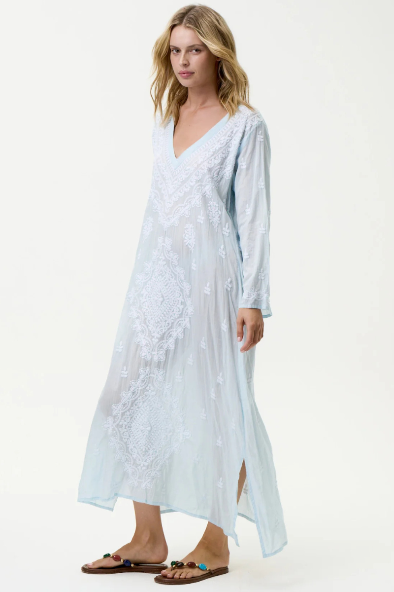 One Season | Long Goa Embroidered Dress | Pale Blue/White