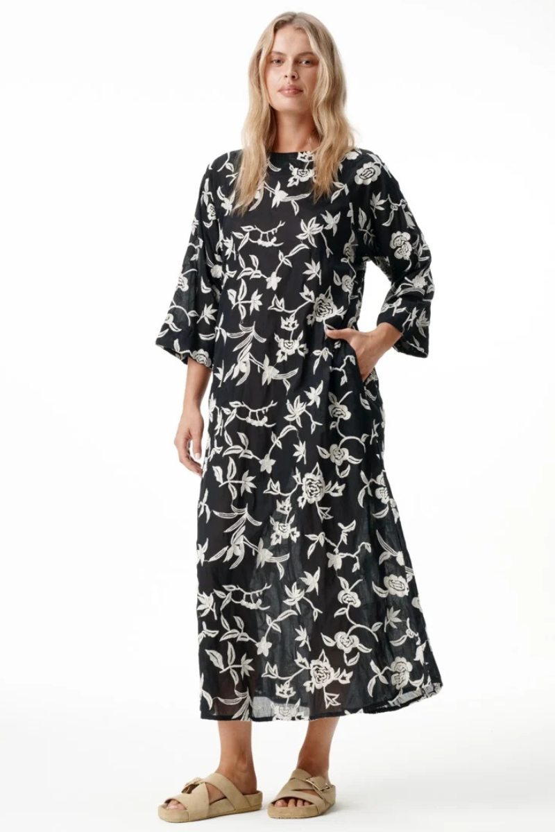 One Season | Deia Embroidery Cotton Dress | Black/Cream