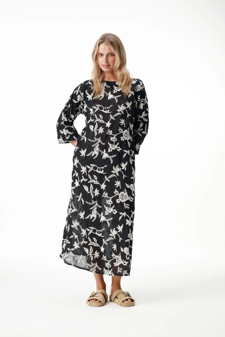 One Season | Deia Embroidery Cotton Dress | Black/Cream