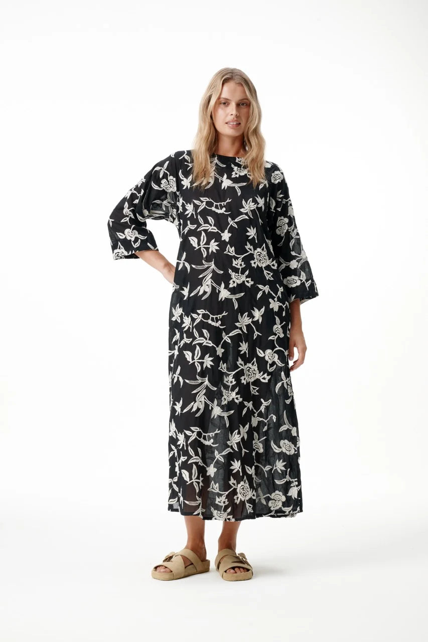 One Season | Deia Embroidery Cotton Dress | Black/Cream