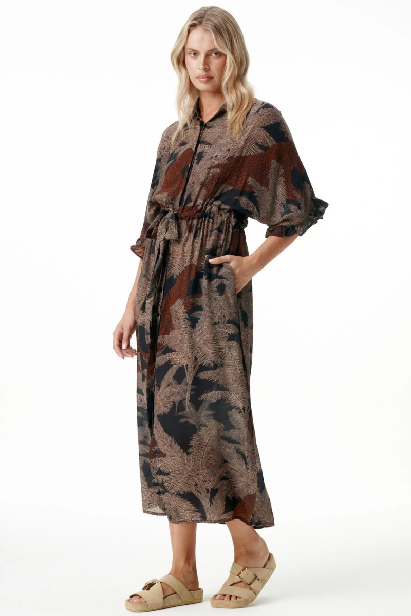 One Season - Jasmine Palm Safari Cotton Viscose Dress - Black/Camel
