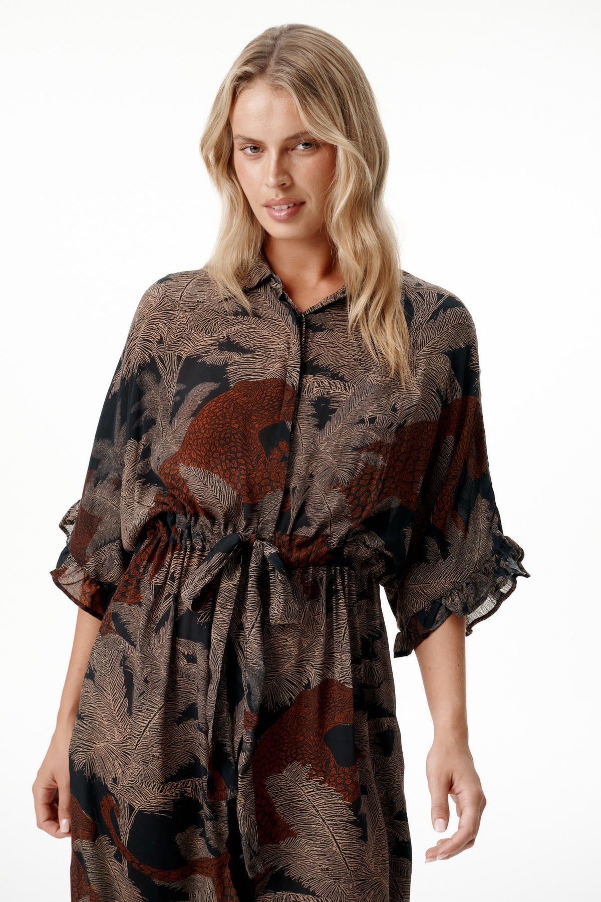One Season I Jasmine Palm Safari Cotton Viscose Dress I Black/Camel