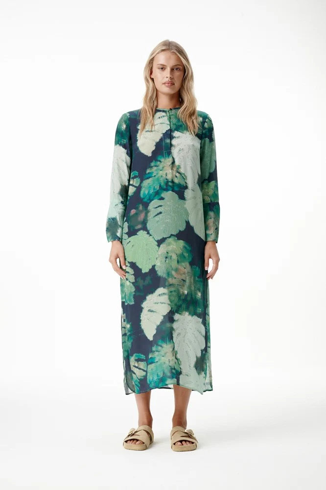 One Season | Long Genie Viscose Dress | Monstera Night Green
