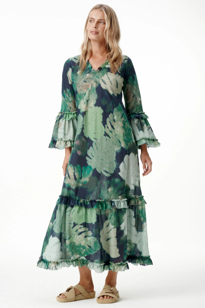 One Season | Long Indi Cotton Dress | Monstera Night Green
