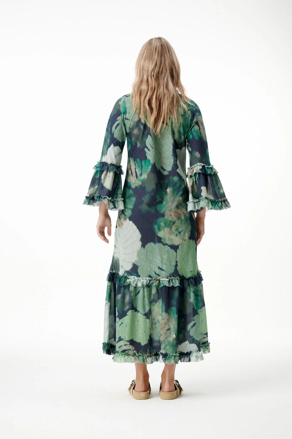 One Season | Long Indi Cotton Dress | Monstera Night Green
