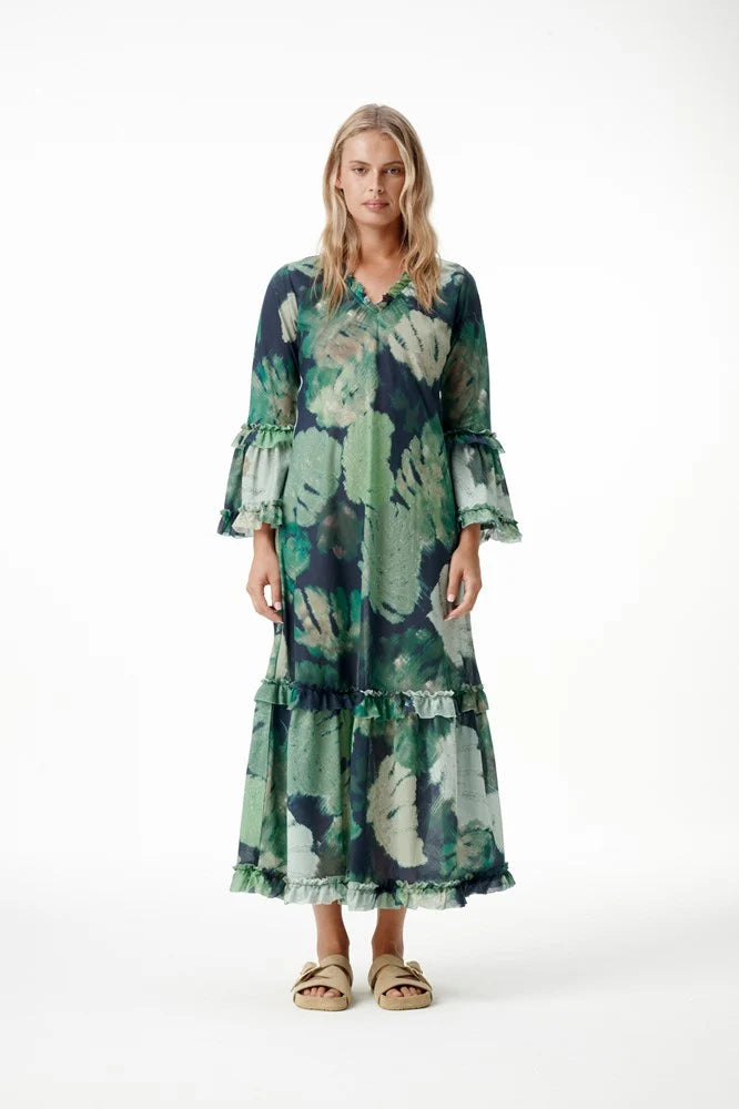 One Season | Long Indi Cotton Dress | Monstera Night Green