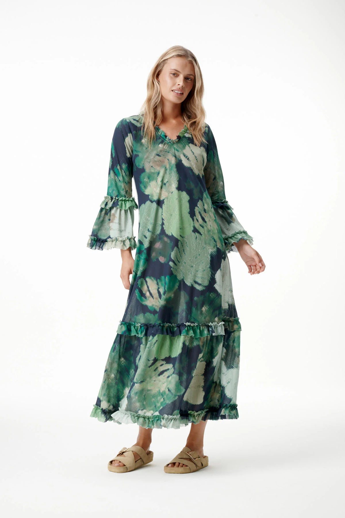 One Season | Long Indi Cotton Dress | Monstera Night Green