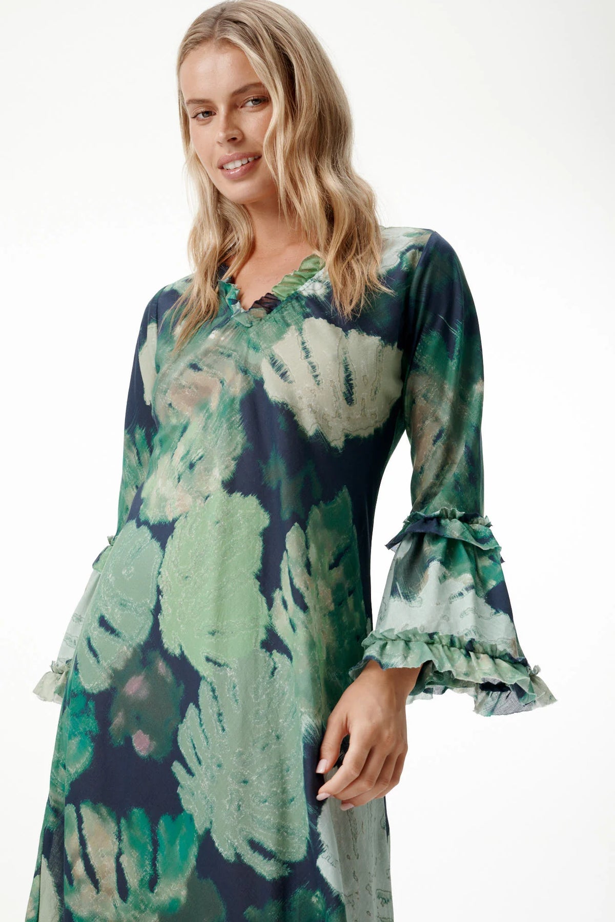 One Season | Long Indi Cotton Dress | Monstera Night Green