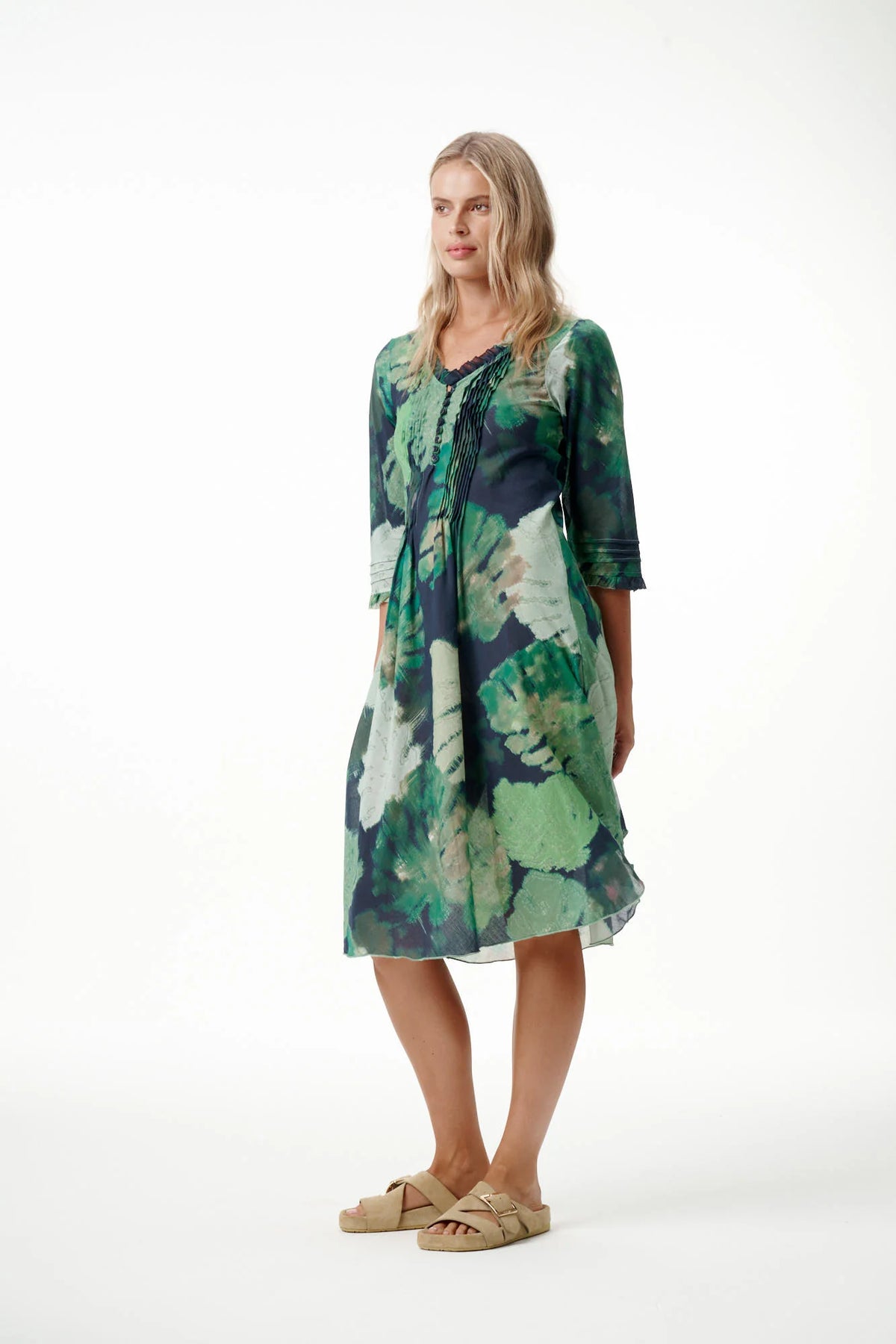 One Season | Middy Poppy Cotton Dress - Monstera Night Green