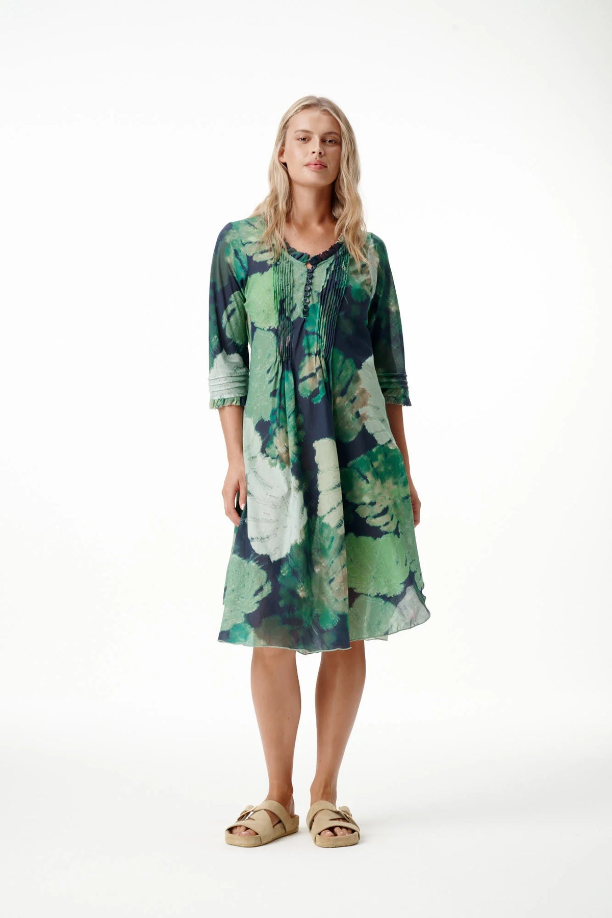 One Season | Middy Poppy Cotton Dress - Monstera Night Green