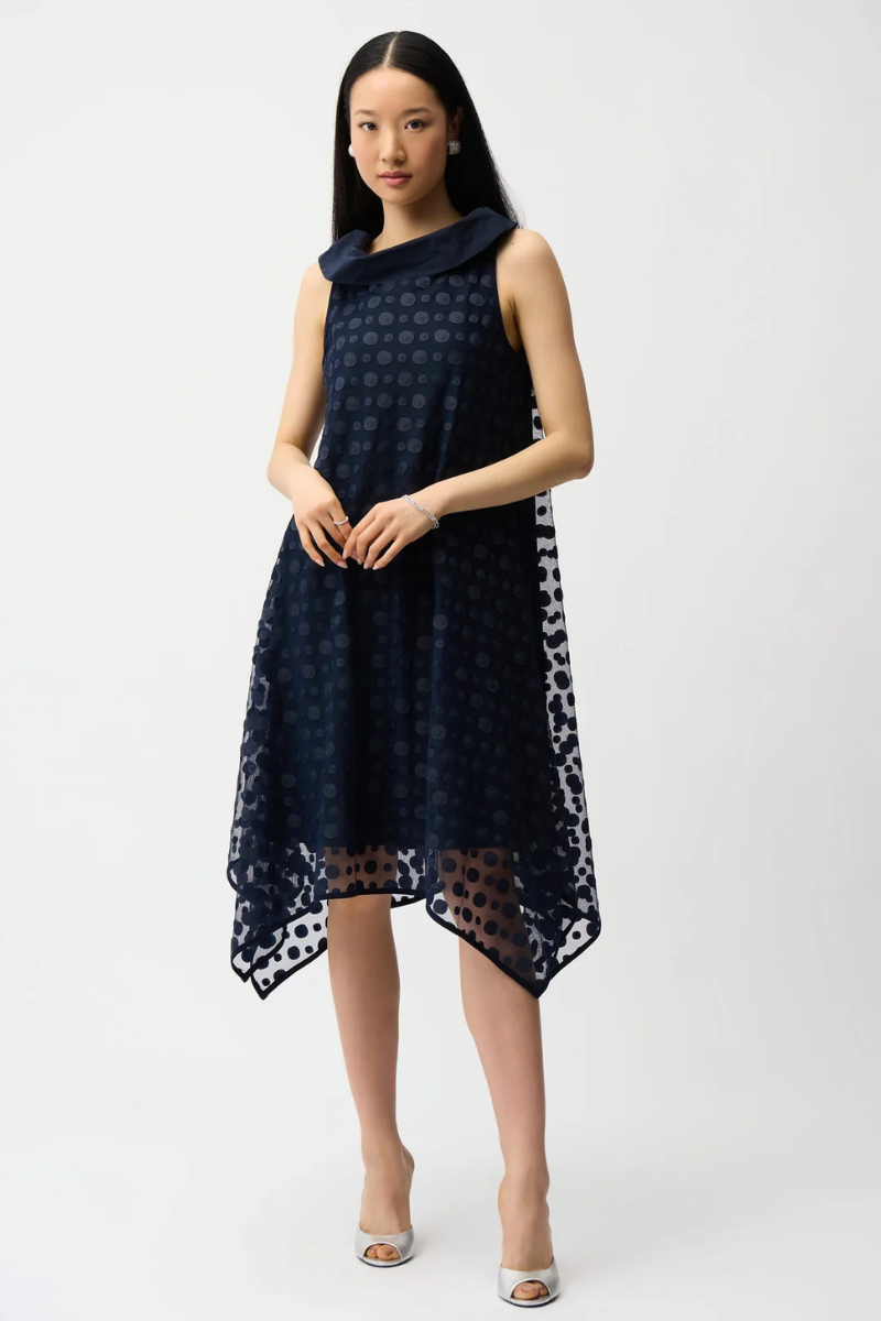 Joseph Ribkoff | Dot Embroidered Mesh Handkerchief Dress | Midnight Blue