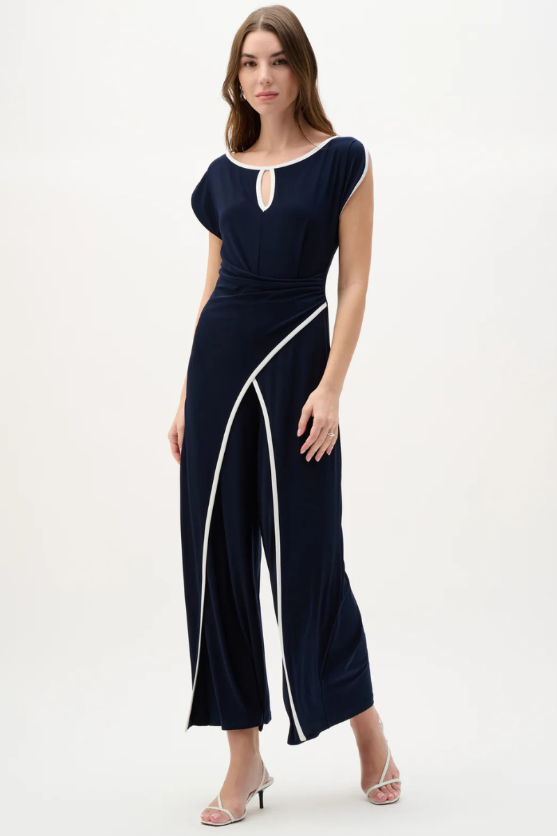 Joseph Ribkoff | Silky Knit Jumpsuit with Draped Bodice | Midnight Blue/Vanilla