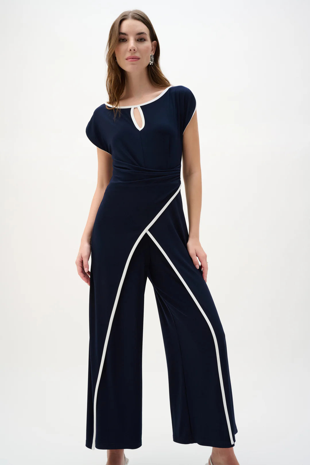 Joseph Ribkoff | Silky Knit Jumpsuit with Draped Bodice | Midnight Blue/Vanilla