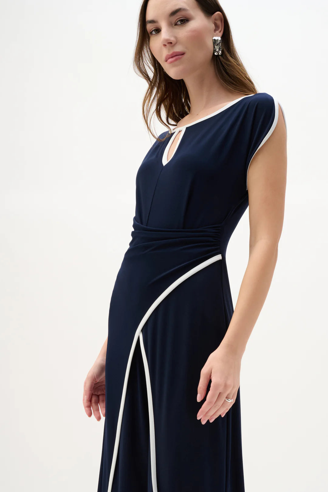 Joseph Ribkoff | Silky Knit Jumpsuit with Draped Bodice | Midnight Blue/Vanilla