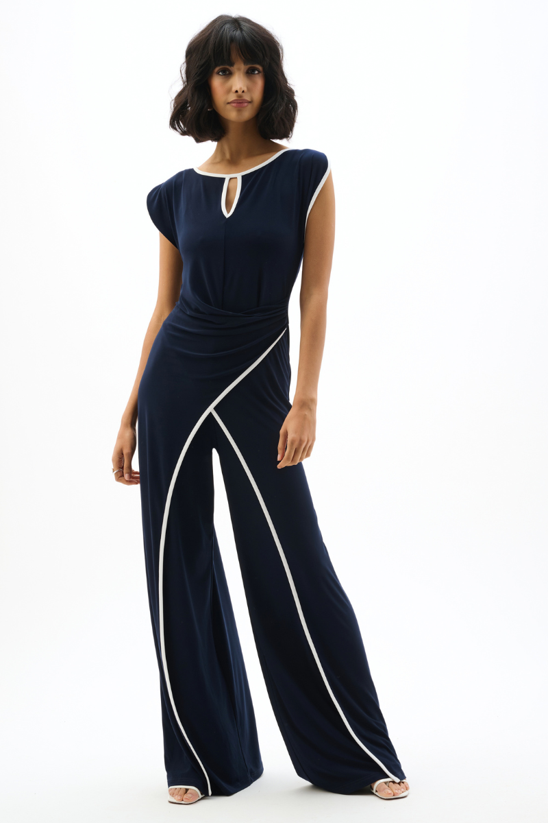 Joseph Ribkoff | Silky Knit Jumpsuit with Draped Bodice | Midnight Blue/Vanilla