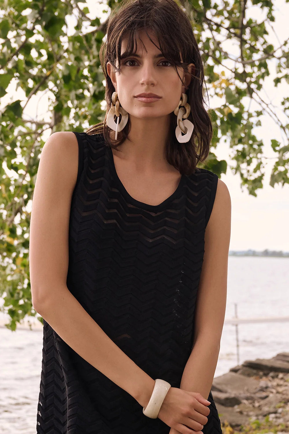 Joseph Ribkoff | Jacquard Knit Chevron Relaxed Top | Black
