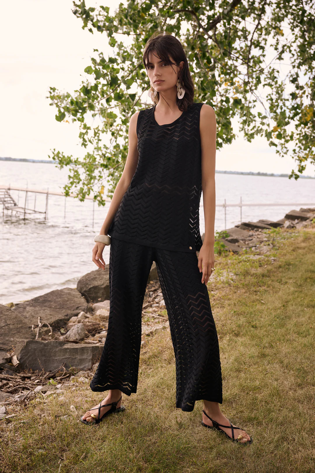 Joseph Ribkoff | Jacquard Knit Chevron Cullotte Pants | Black