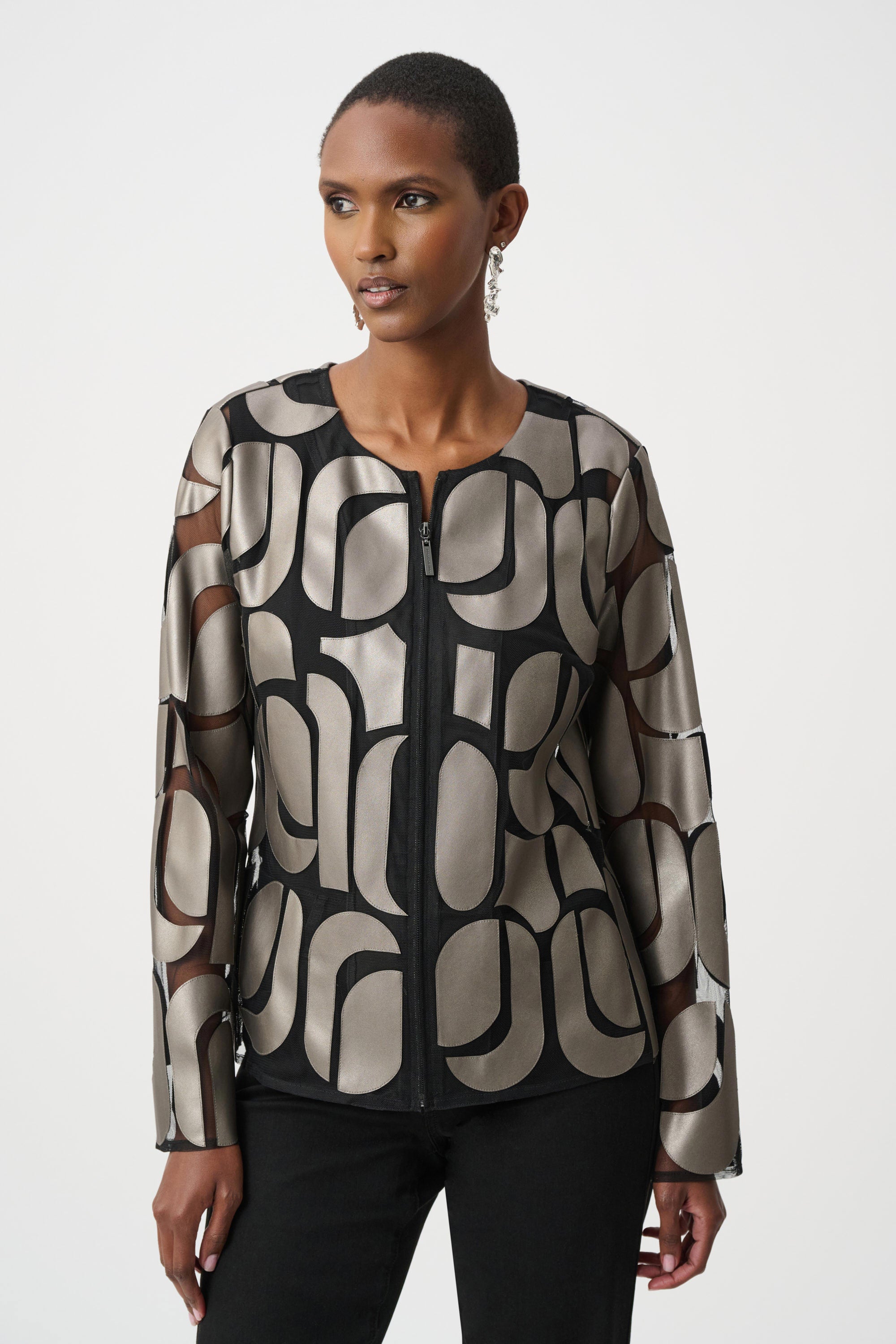 Joseph Ribkoff | Leatherette and Mesh Embroidered Jacket | Gunmetal/Black