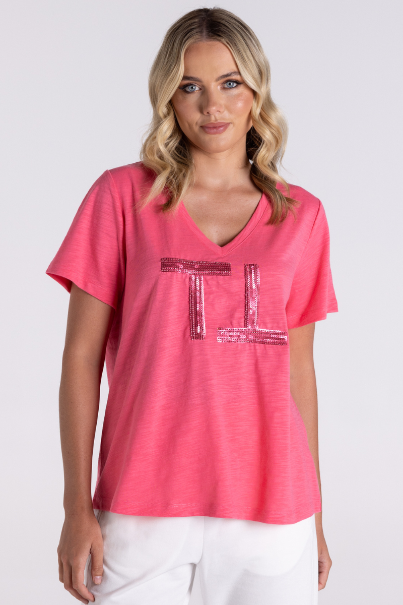 Two T's | V Neck Beaded Sequin Logo T-Shirt | Flamingo