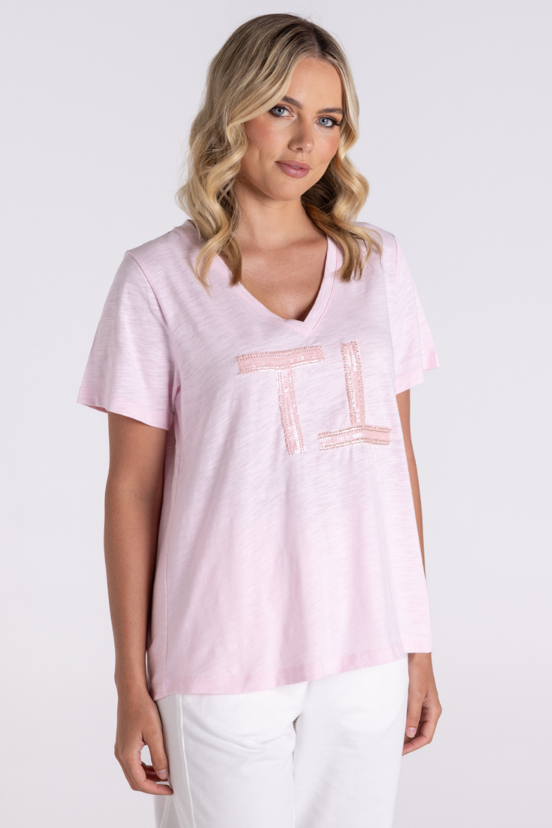 Two T's | V Neck Beaded Sequin Logo T -Shirt | Pink Beading