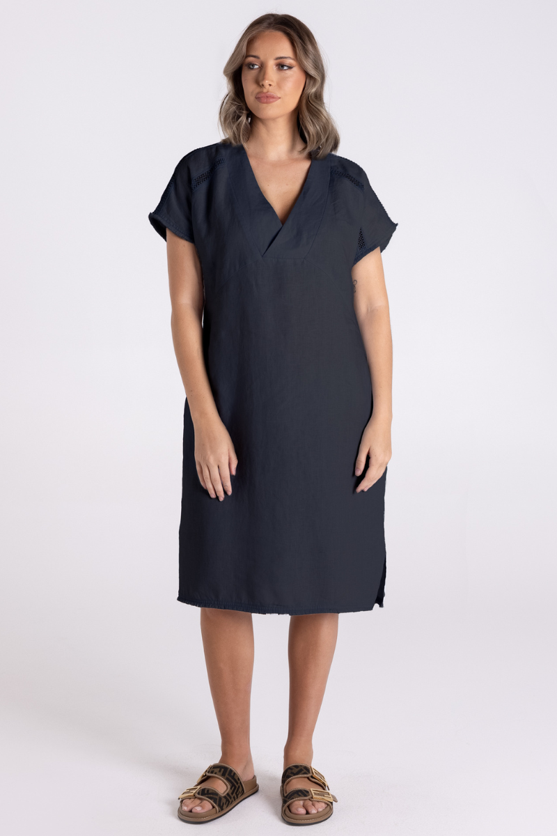 Two T's | Linen Dress with Fringe Detail | Charcoal