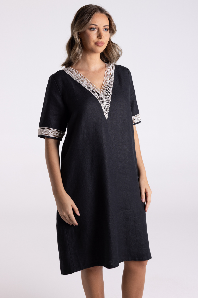 Two T's | V Neck Lace Detail Tween Linen Dress | Black