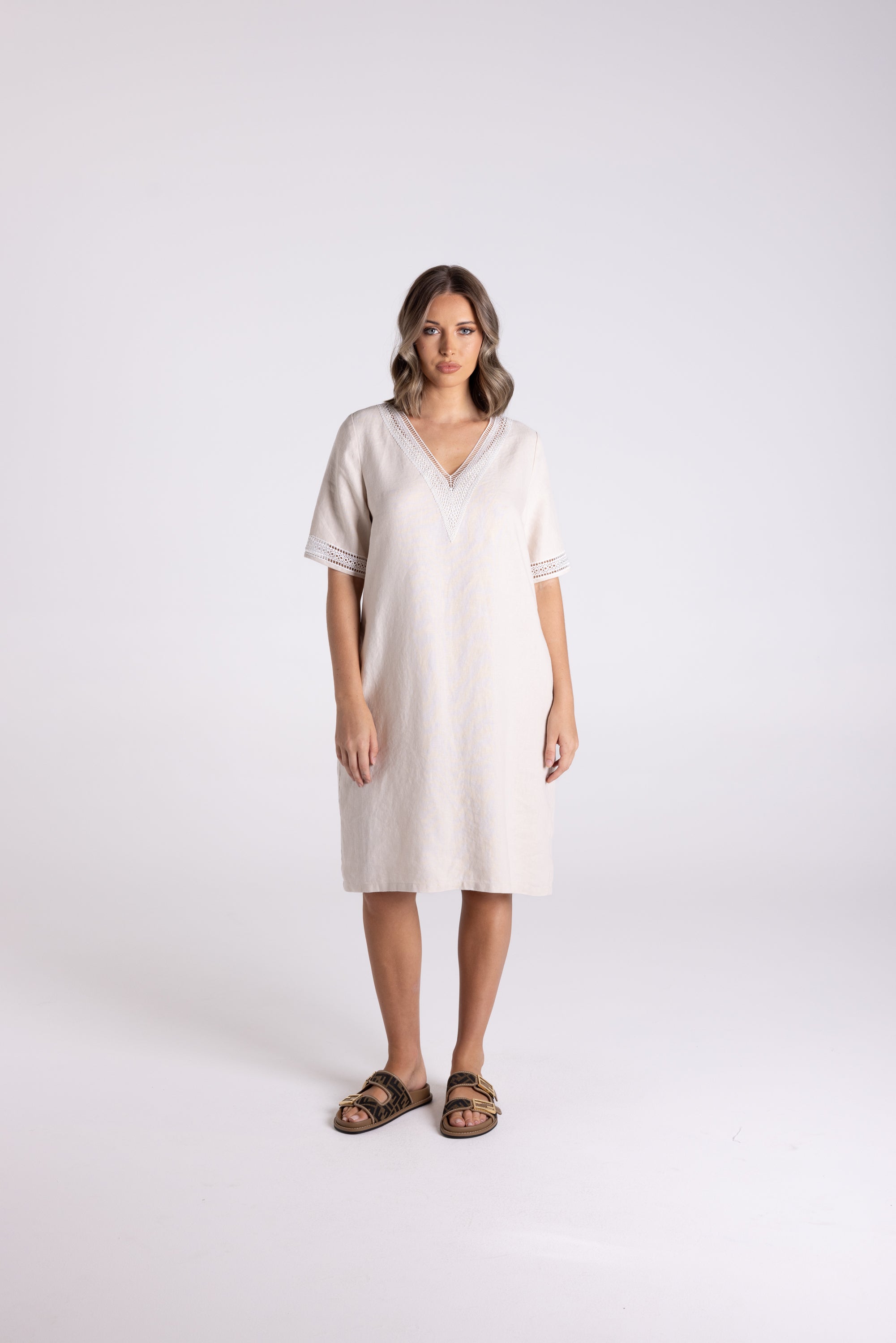 Two T's | V-Neck Lace Detail Tween Linen Dress | Natural