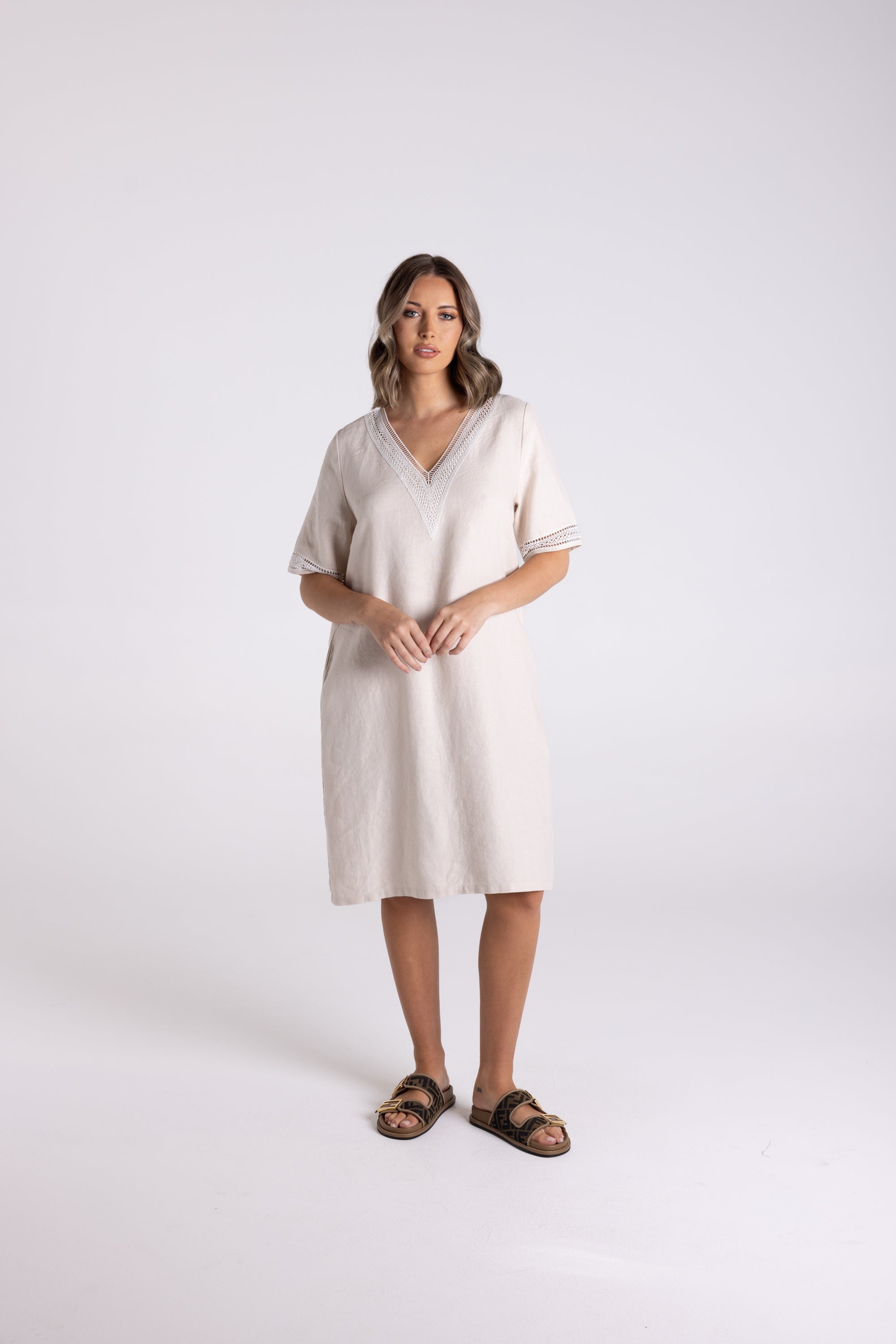 Two T's | V-Neck Lace Detail Tween Linen Dress | Natural