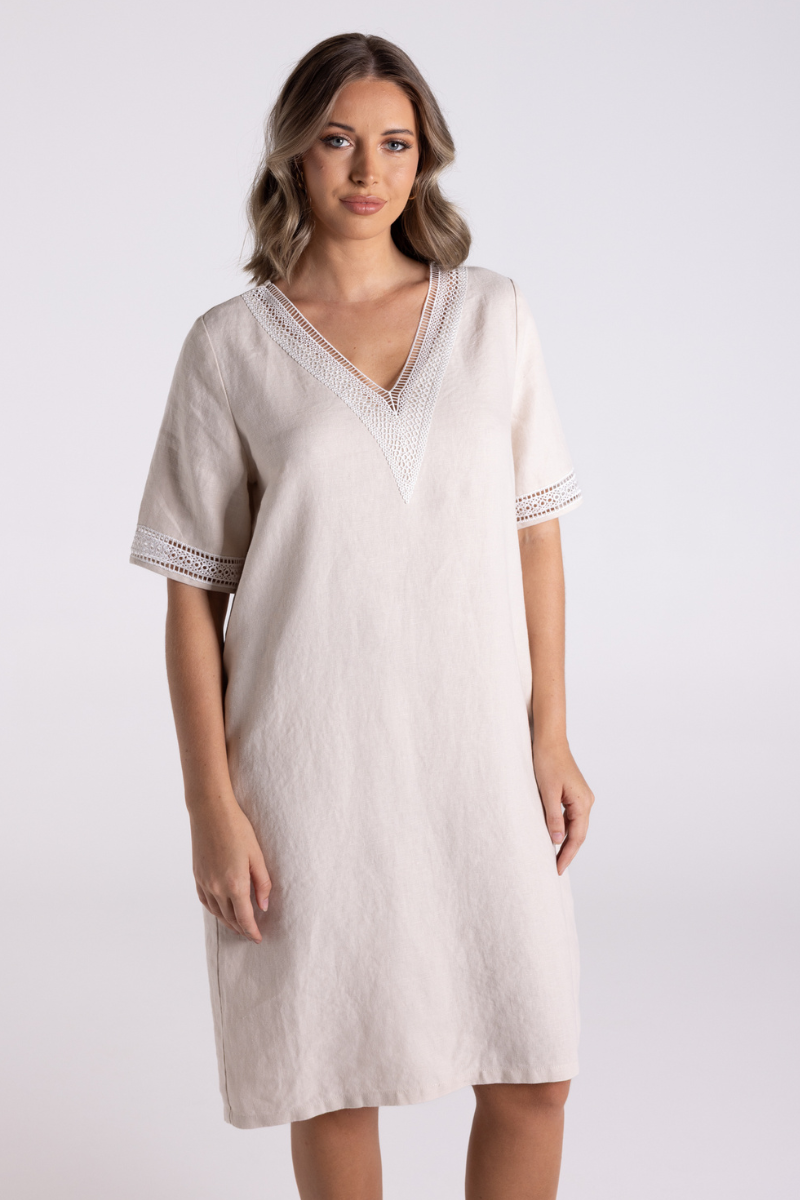 Two T's | V-Neck Lace Detail Tween Linen Dress | Natural