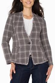 Liverpool Jeans | Collarless Fitted Blazer with Fray | Brown/Navy Check