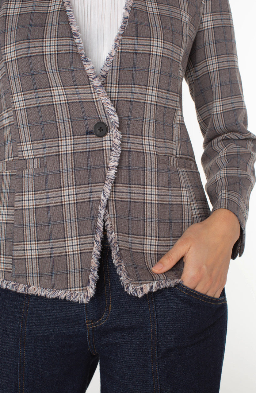 Liverpool Jeans | Collarless Fitted Blazer with Fray | Brown/Navy Check