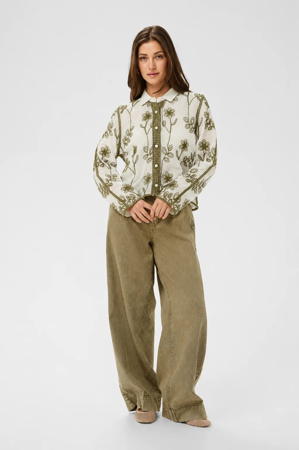 Cream | Leila Blouse | White/Olive Embroidery