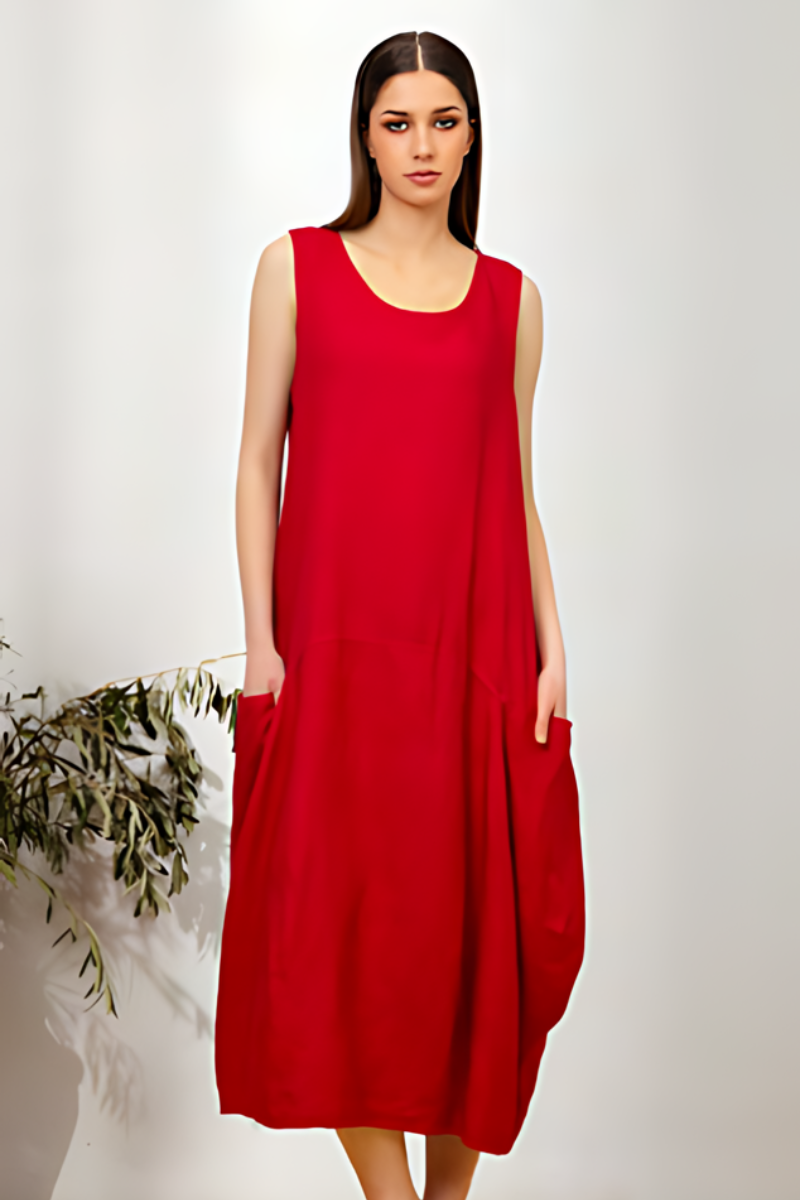 D S Athens | Round Neck Midi Dress with Side Pockets | Tsai