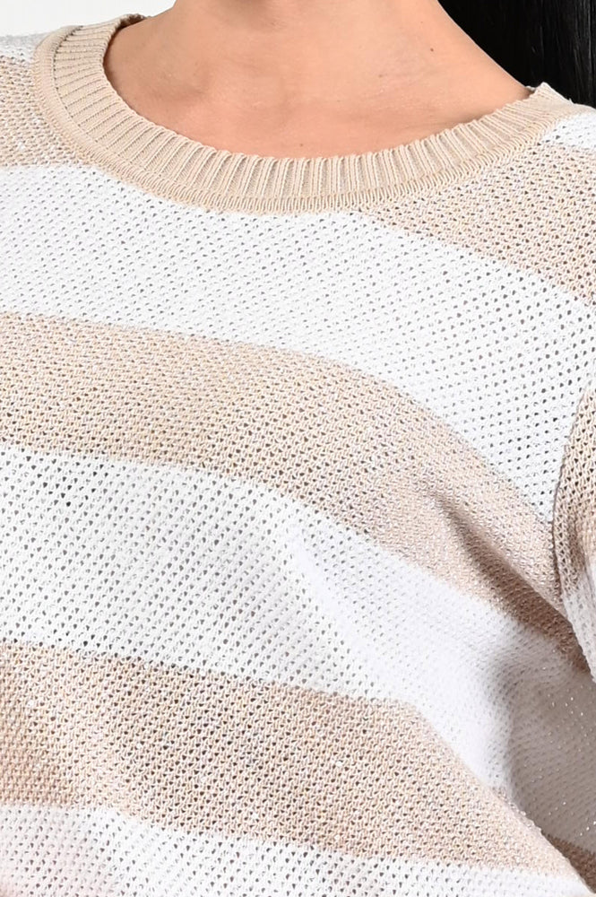 Faber | Crew Neck Pullover with Diamante | Taupe/White